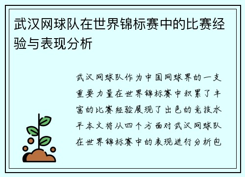 武汉网球队在世界锦标赛中的比赛经验与表现分析